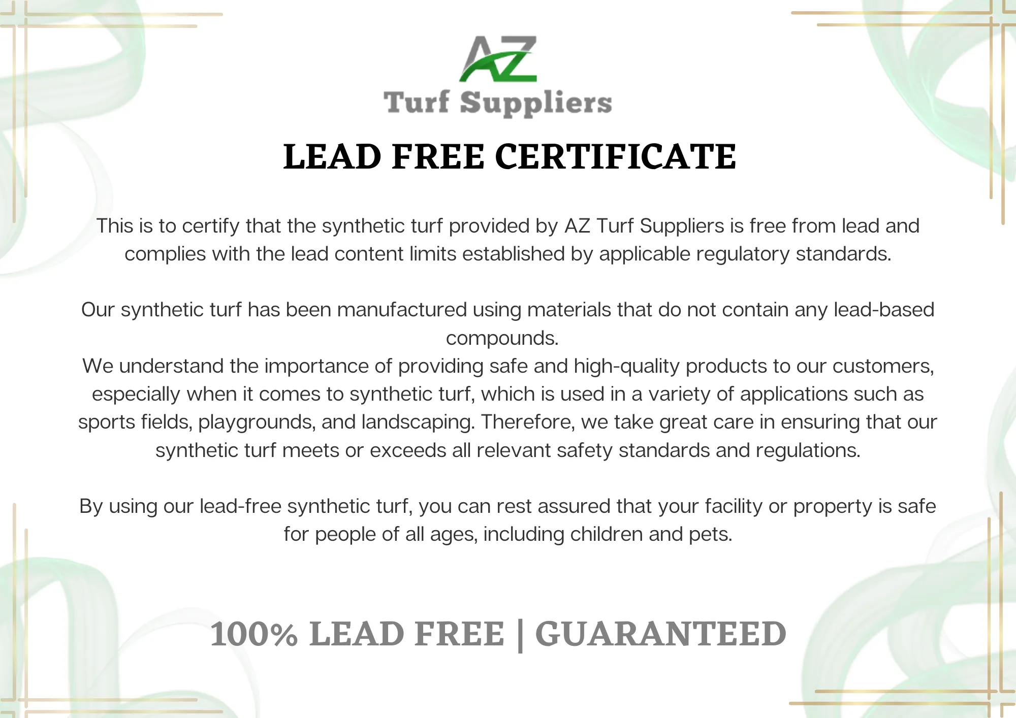 AZ Turf Suppliers Lead Free Certificate