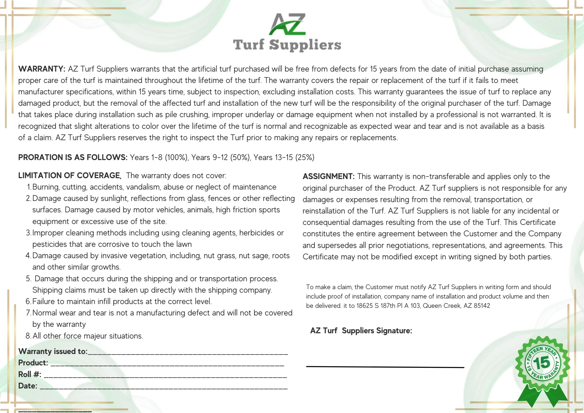 AZ Turf Suppliers 15-Year Warranty Certificate Example